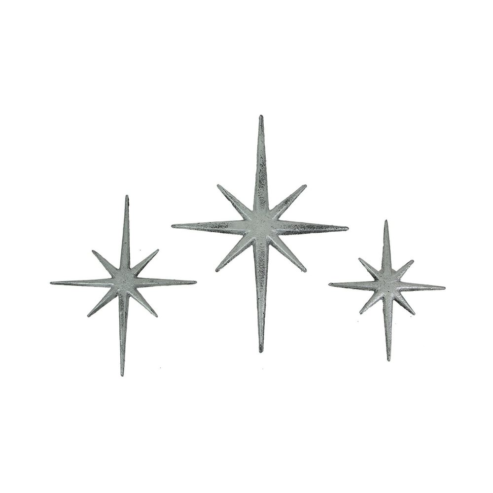 Set Of 3 Large Metallic Silver Cast Iron 8 Pointed Star Starburst Wall💜